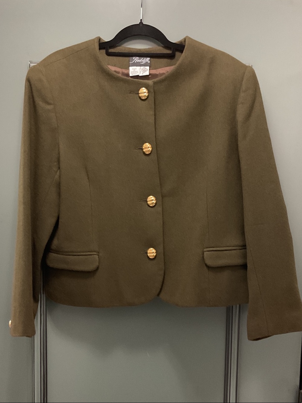 VTG. 100% Wool Radcliffe Women’s Olive Green Collarless Blazer